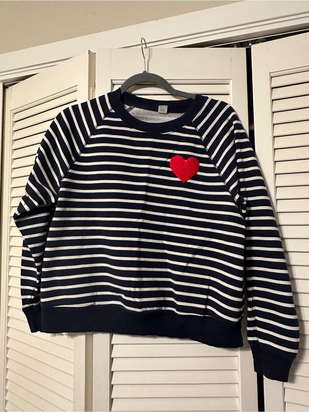 Old Navy Navy and White Striped Sweater with Red Heart Patch